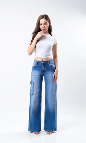 PANTALON KYRAT MODA JOGGER WIDE CARGO MEZCLILLA AZUL MEDIO CLARO