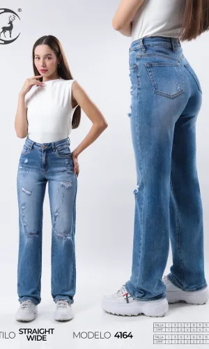 PANTALON KYRATH MODA STRAIGHT WIDE ROTO MEZCLILLA AZUL MEDIO